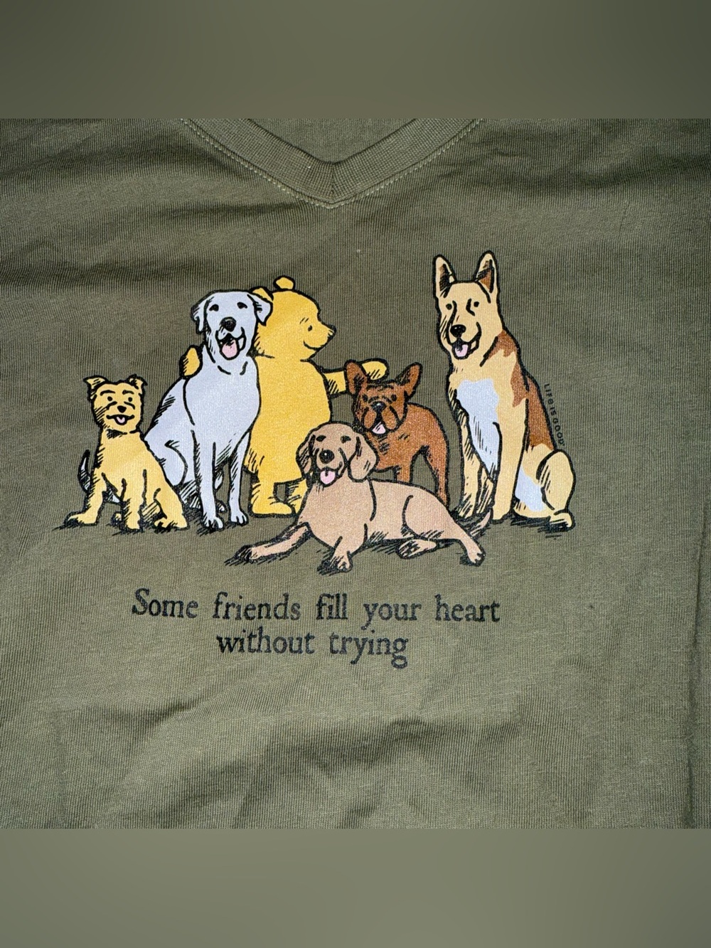 NWT Life Is Good Winnie the Pooh & Dogs Olive Green V-Neck Tee - XL - Picture 3 of 8